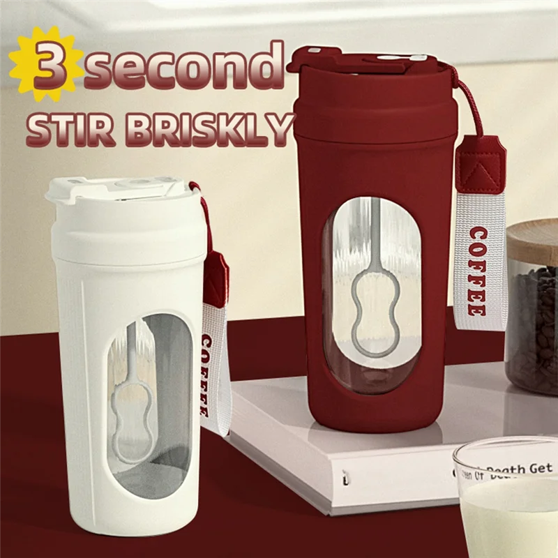 B01C-Self Stirring For Coffee Mug 450ML With Wooden Handle Self Mixing Glass Container For Coffee, Milk Protein Powder